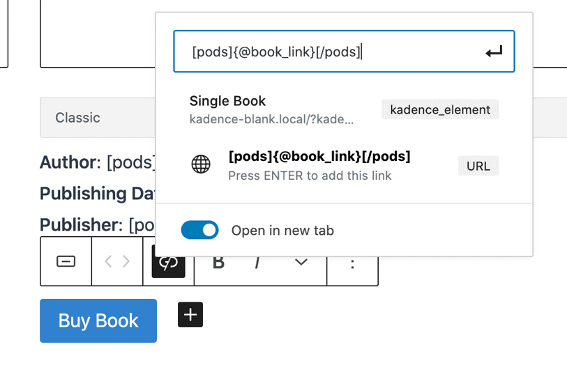 Shortcode as link for a button block
