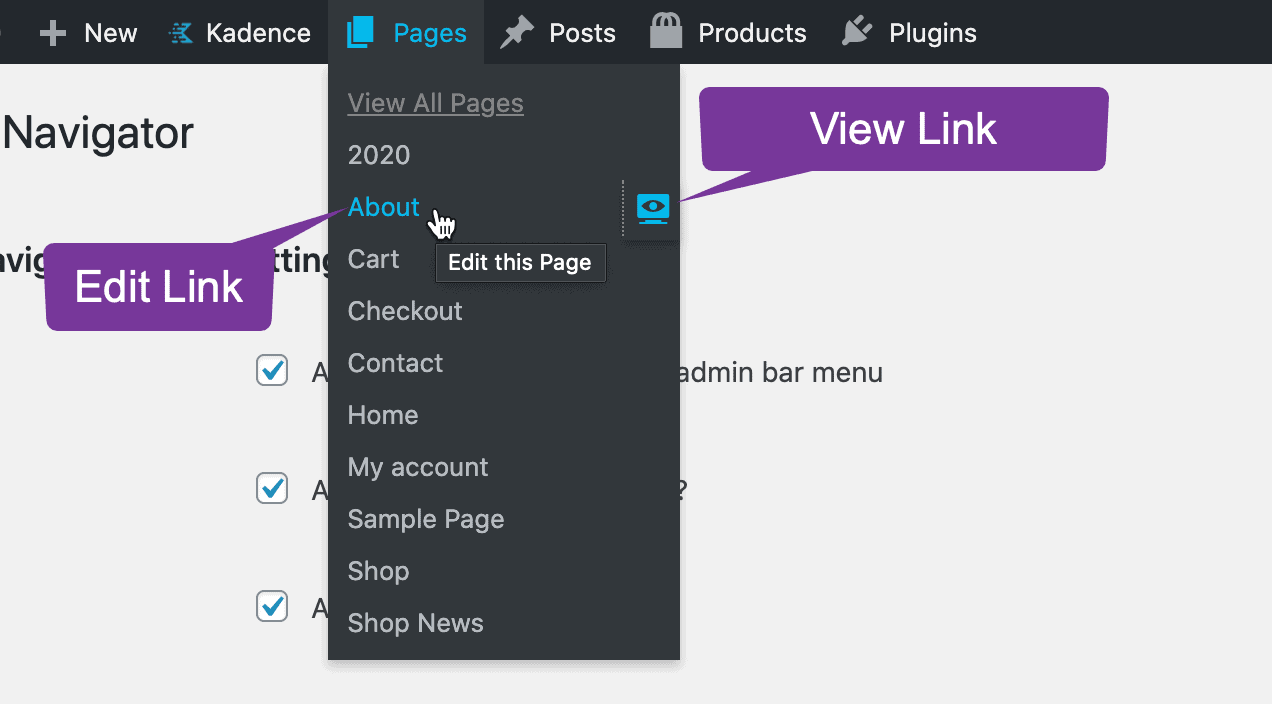 Pages admin bar menu