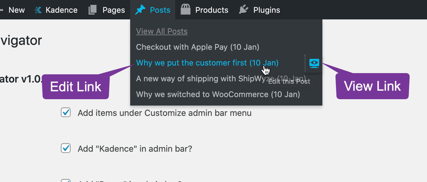 Posts admin bar menu